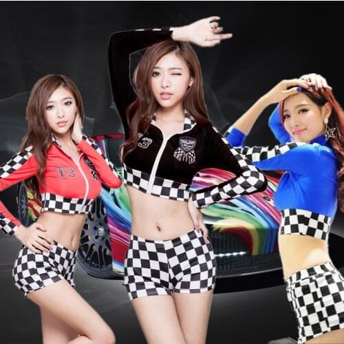 Hot Sexy Tokyo Motor Show Girls Short Wear Car Show Girl Plaid Wear Long Sleeve Club Wear Erotic Lingerie Dance Wear FX1018