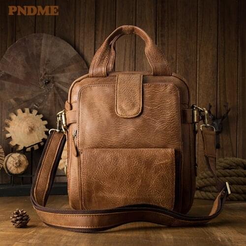 Vintage handmade natural real cowhide mens handbag business shoulder messenger bag casual genuine leather work brown briefcase