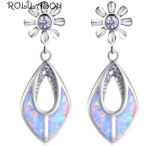 ROLILASON Exquisite gift for women silver plated Drop Earring white crystal White Fire Opal Flower Design Fashion Jewelry OE712