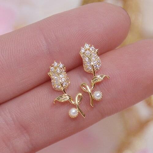 Ins Hot Sale Exquisite CZ Rose Flower Women Earring Shine AAA Zircon 14K Real Gold Bohemia Stud Earring Wedding Birthday Gift