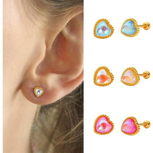 1pcs Copper Crystal Moonstone Stud Earrings For Women Heart Round Shape Gold Color Earrings Ear Bone Nail Piercing Jewelry