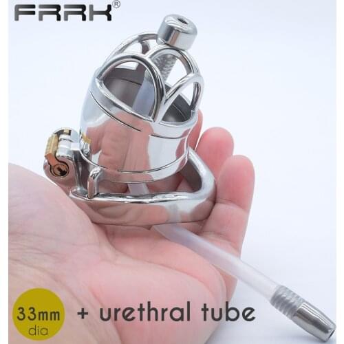 FRRK Steel Chastity Cage with Urethral Catheter Stock Adults 18 Sex Toys BDSM Mens Bondage Belt Device Testes Penis Rings