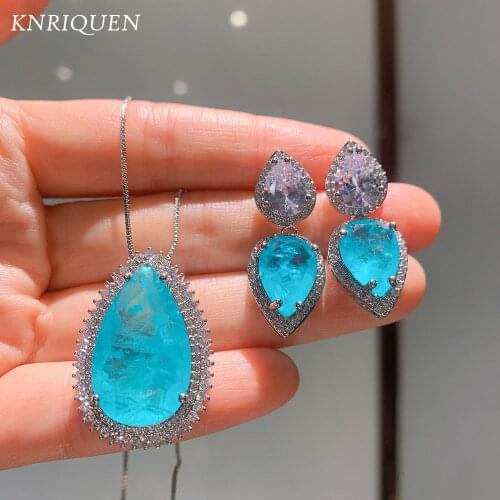 Charms 925 Sterling SIlver Paraiba Tourmaline Gemstone Lab Diamond Pendant Necklace Earrings Wedding Fine Jewelry Set for Women