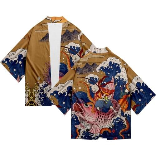 Japanese Ukiyoe Cat Fishing Kimono Shirt 3d Print Costume Fashion Men Seven Point Sleeve Tops Cardigan Jacket Streetwear Clothes