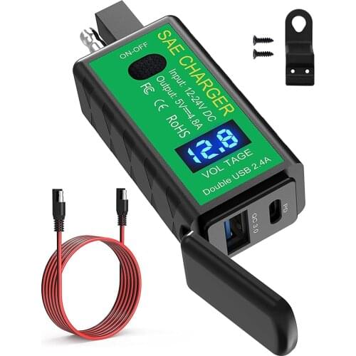 Motorcycle USB Charger SAE to USB Adapter 36W Dual USB Type C PD QC 3.0 with Voltmeter ON/Off Switch for Smart Phone Tablet GPS