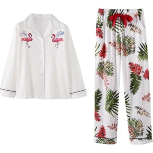 100% Cotton Pajamas Set Women Embroidery Flamingo Sexy Pyjama Long Shirt Pants 2 Pieces/Set Home Fashion Big Size Sleepwear
