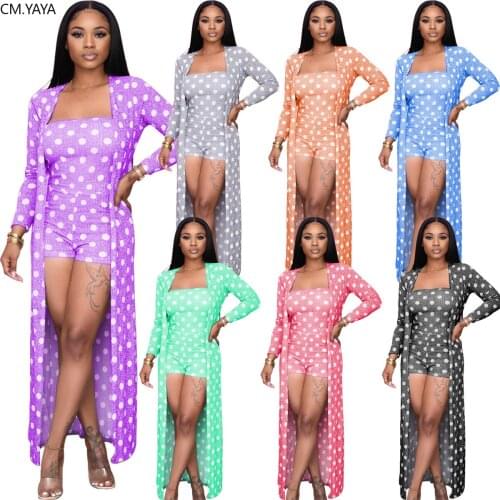 CM.YAYA Dot Print Women Two Piece Set Long Clock Tops Bodycon Bodysuit Playsuit Suit Tracksuit Fitness Outfit Matching Set