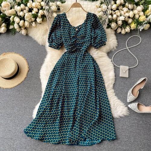 2021 Spring New Fashion Temperament Chiffon Vestidos Female Printed Puff Sleeve Pleated V-neck Midi Dress V563