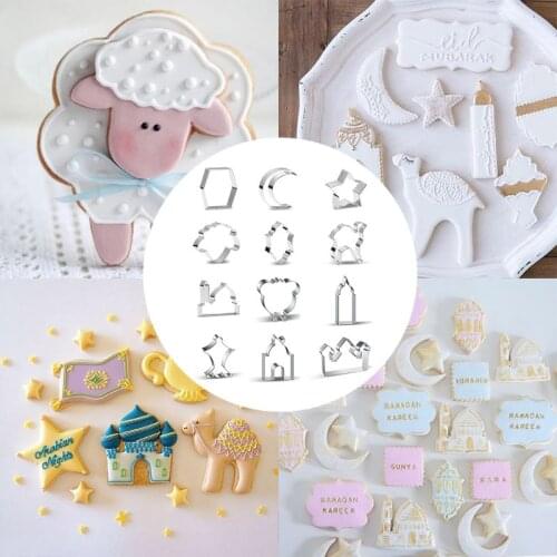 12Pcs Eid Mubarak&Ramadan Cookie Cutters DIY Moon Star Biscuit Cutters Cake Mold Baking Tools Ramadan Kareem Party Decor