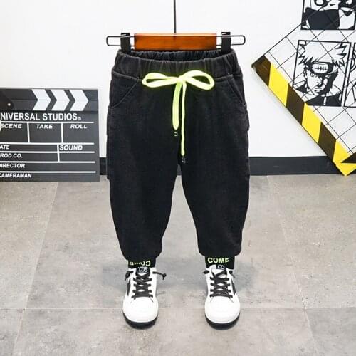 2021 Winter New Korean Baby Boys Jeans Childrens Letter Big Pocket Elasticated Leg Velvet Thickened Jeans Toddler Cowboy Pants