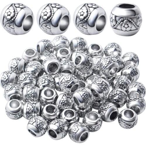 50pcs Antique Silver Alloy Round Spacer Bead European Style Spacers Beads Large Hole Tube Beads Jewelry Charms for Necklace