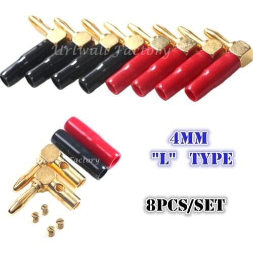 8pcs Right Angle Gold 4mm Banana Plugs Set Audio Speaker Cable Connectors Screw L Type Adapte for wire 20AWG-8AWG