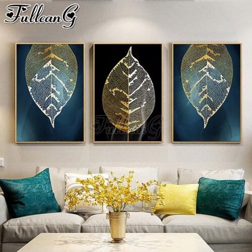 FULLCANG 5d diy diamond embroidery sale abstract leaves scenery painting triptych full square round drill home decor FC3149