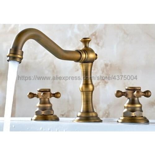 Antique Brass bathroom faucet for hot and cold Mixer tap Sink faucet Double handle 3 hole bathroom basin faucet Nnf055