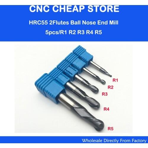 Free shipping 5pcs/lot R1 R2 R3 R4 R5 Real HRC55 2 flutes ball nose endmill milling cutter CNC router bit, NANO coating bit