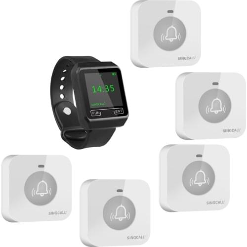 SINGCALL Wireless Service Call System, Wireless Pager, 1 Watch Receiver with 5 Small Touchable Buttons for Entertainment Places