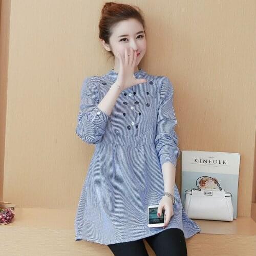 2018 Spring Fashion Maternity Blouses Striped Embroidery Shirts Clothes for Pregnant Women Ties Waist Autumn Pregnancy Tops