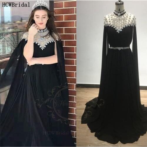 Black Muslim Arabic Evening Dress With Crystals High Neck Long Sleeves Chic Formal Dresses Plus Size Night Party Gowns Customize