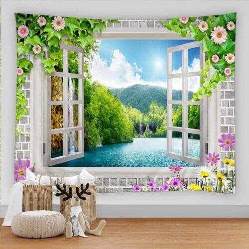 Rural Garden Scenery Outside The Window Printed Flower Tapestry Mandala Tapestry Home Decorative Hippie Wall Hanging Blanket