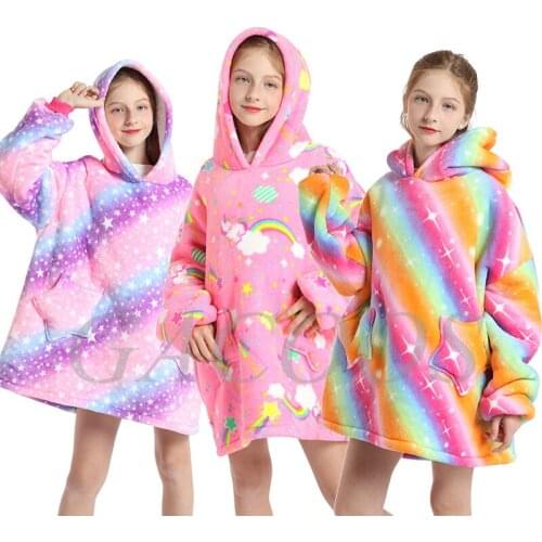 Fleece Unicorn Hooded Sweatshirt for Children Girls Sleepwear Toddler Oversized Hoodie Autumn Winter Thick Kids Tie Dye Tops