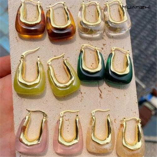 HUANZHI 2021 Transparent Acrylic Colorful Resin Geometric U-shaped Hoop Earrings Gold Metal for Woman Girls Travel Jewelry