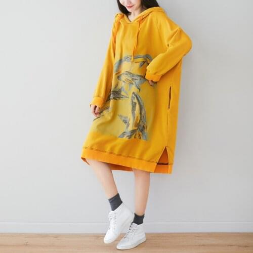 Johnature New Loose Comfortable Pockets Plus Size Hooded Dress 2020 Autumn Korean Simple Retro Floral Print Women Cotton Dresses