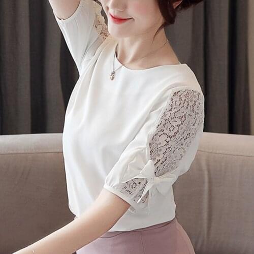 2019 senhoras da moda tops blusa branca camisas blusa de renda camisas mulheres arco camisa de manga curta