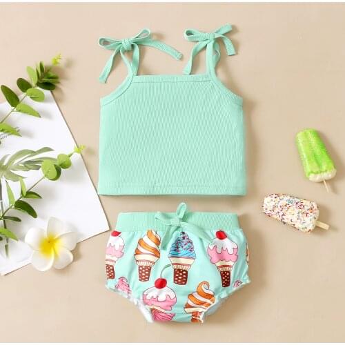 2Pcs Sweet Style Girls Outfit Summer Solid Color Sleeveless Suspender Tops + Ice Cream Printing Shorts Set For 0-18Months