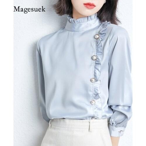 Korean Loose Slim Blouse Women Elegant Stand Collar Ruffled Ladies Shirts Spring Chiffon Shirt Long Sleeve Buttons Tops 13201