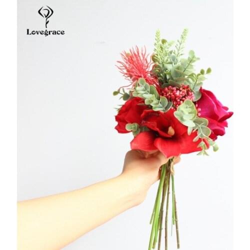 Red Color Silk Roses Orchid Flower Bouquet Wedding Lavender Flowers Bridal Bouquet Holder Silk Artificial Flower Bridal Bouquets