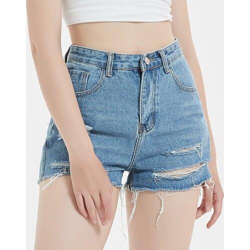 Summer Casual Wild Denim Shorts Trendy High Waist Solid Color Classic Style Washed Frayed Raw Hem Ripped Holes Slim Shorts