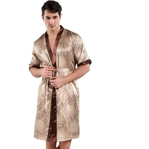 Male Silk Hand-Printed Kimono Bath Robe Gown Chinese Mens Rayon Nightwear Mens Kimono Collar Printed Satin Bathrobe Sleepwear