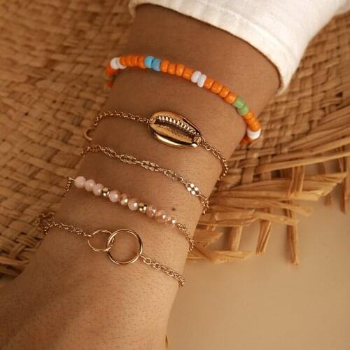 HuaTang 5pcs Bohemia Pink Crystal Shell Charms Bracelet Set for Women Girls Multilayer Colorful Bead Elastic Jewelry Pulseras