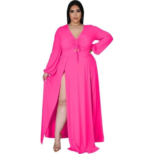 New Fashion Sexy V-Neck Solid Color Plus Size Dress Female Split Skirt Design