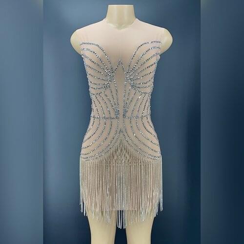 New Women Sexy See Through Mesh Silver Rhinestone Chains Fringes Dress Transparent Dancer Prom Outfit