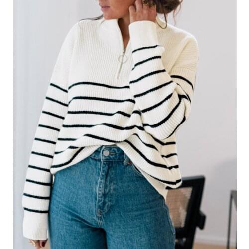 Autumn Women Sweaters Striped Button Long Sleeve Pullovers Female Zip V-neck Fashion Clothes Lady Casual Elegant Women Pullover