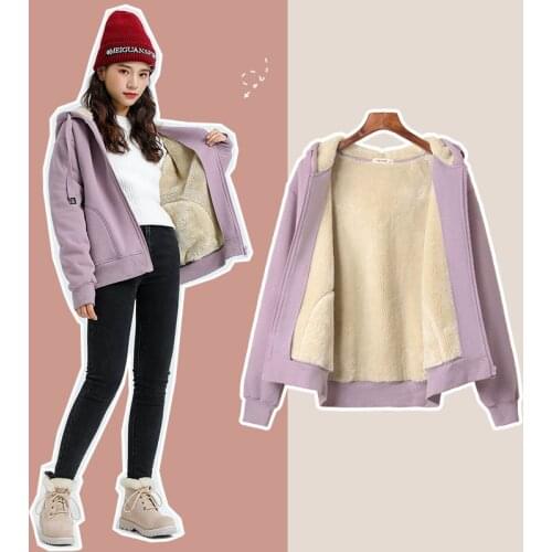 Lamb Imitation Plush zip-up Plus Hooded Thick Women Hoodies Jacket Autumn Winter Korean Style Loose Sweatshirt Outwears