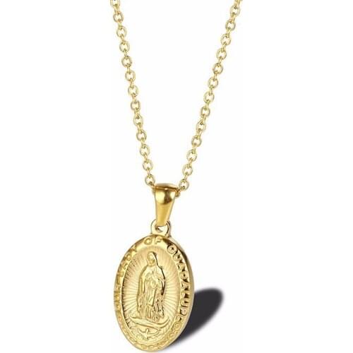 RIR Stainless Steel Gold Oval Kindly Virgin Mary Pendant Necklace Religious Christian Faith Temperament Women Jewelry Necklace