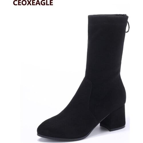 Print Sexy Mid Calf Boots For Women Shoes Fashion Pointed Toe Thin High Heels Bootas Mujer Femme Zipper Chelsea Boots Size 35-40