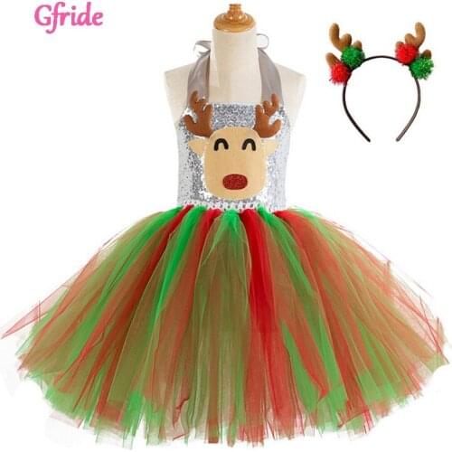 Sequin Deer Tutu Dress Girls Christmas Cosplay Party Dresses For Kids Halloween Costume Elk Reindeer Child Dressing New Year