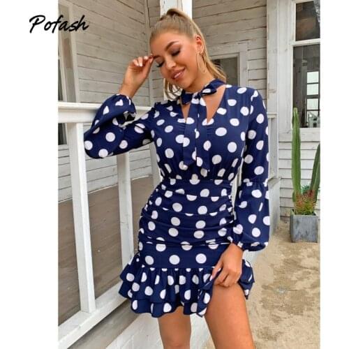 Pofash Polka Dot Hollow Out Backless Mini Dress Women Ruffle Long Sleeves Ruched Bodycon Dress Bow Slim Sexy Female Outfits 2021