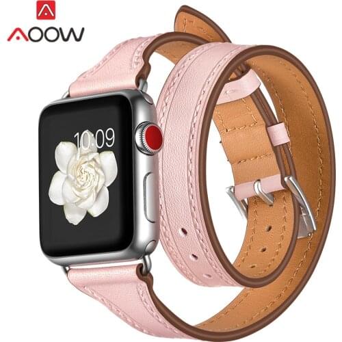 Genuine Leather Watchband for Apple Watch 38mm 42mm 40 44 Women Double Circle Pink Black Bracelet Strap Band for iwatch 1 2 3 4
