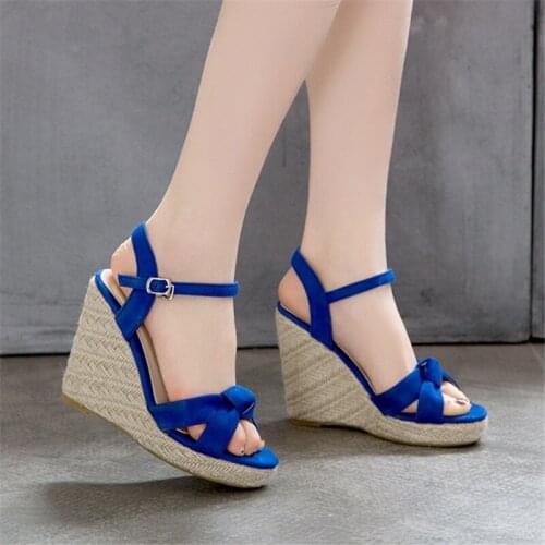 Fashion Women Summer Gladiator Sandals Cozy Wedges Platform High Heels Open Toe Straw Buckle Strap Ladies Leather Shoes blue