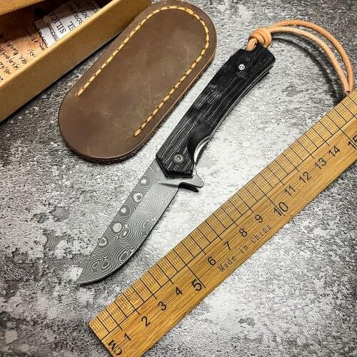 Damascus steel folding knife high sharp knife collector household sandalwood fruit knife portable self-defense tool outdoor camp