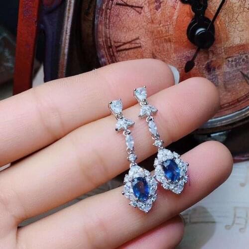 Natural And Real Blue Sapphire Earrings 925 Sterling Silver Earrings for Women Wedding Engagement Earrings