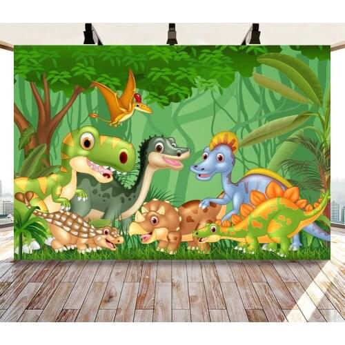 Cartoon Dinosaur Backdrop Forest Jungle Tree Sky Kids Baby Birthday Custom Vinyl Photography Background For Photo Studio