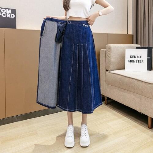 Pleated Midi Denim Skirt Irregular One Piece Women 2021 Korean Fashion High Waist Jean Skirts Harajuku Vintage Faldas Ropa Mujer