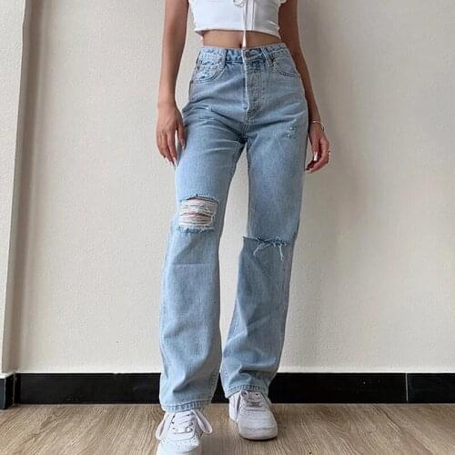 Women Ripped Jeans Large Size Boyfriend Pants High Waist Mom Undefined Stright Trousers