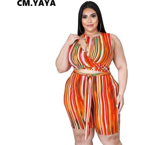 CM.YAYA Women Plus Size Playsuit Print Sleeveless Cut Out Bandage Back Zip Bodycon Playsuits Casual Romper Summer Outfits 2021