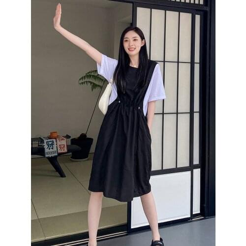 Fake two Office dresses for woman Long summer 2021 ladies clothing women Casual mini Dress Black girl sundress Draw back sweet